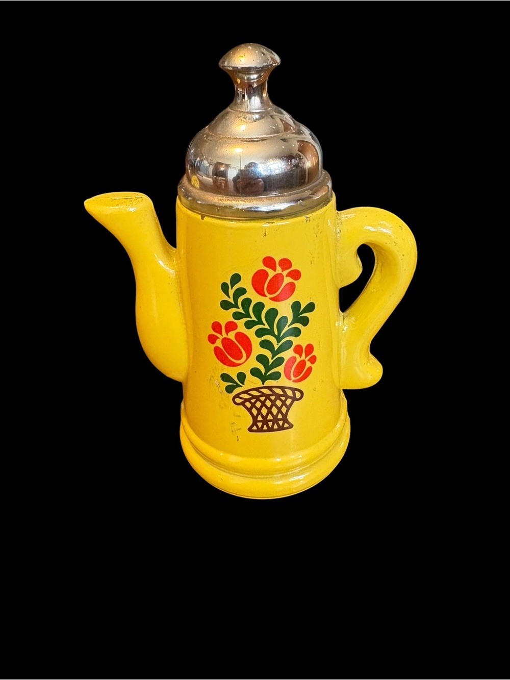 Avon Yellow Floral Metal Coffee Pot with Silver Lid